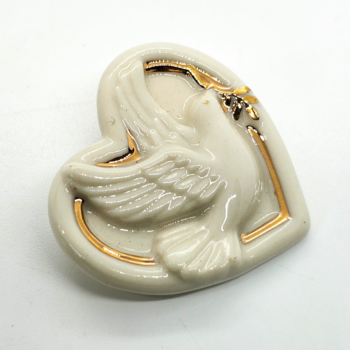 Lenox porcelain flying dove olive branch signed vintage heart brooch
