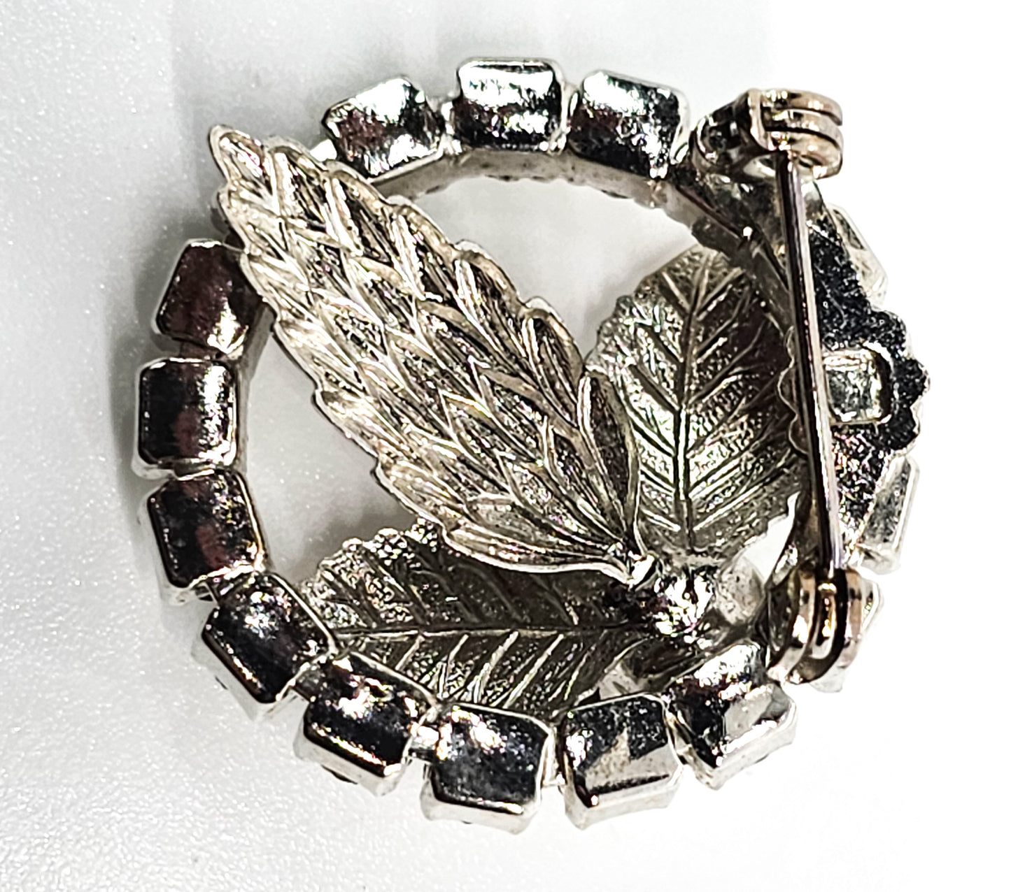 Clear rhinestone vintage floral mid century circle brooch