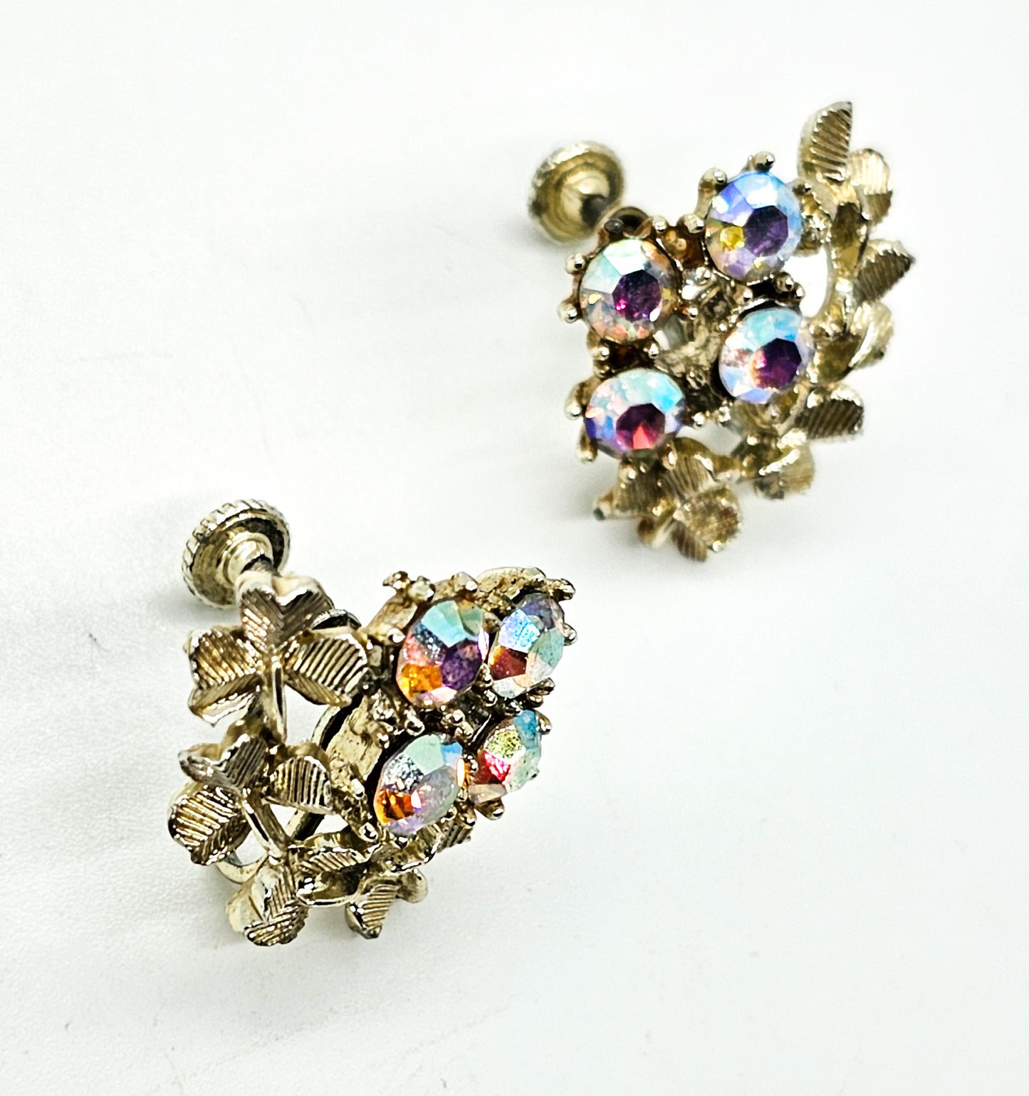 Coro clover blue Aurora Borealis gold toned vintage signed screw back earrings