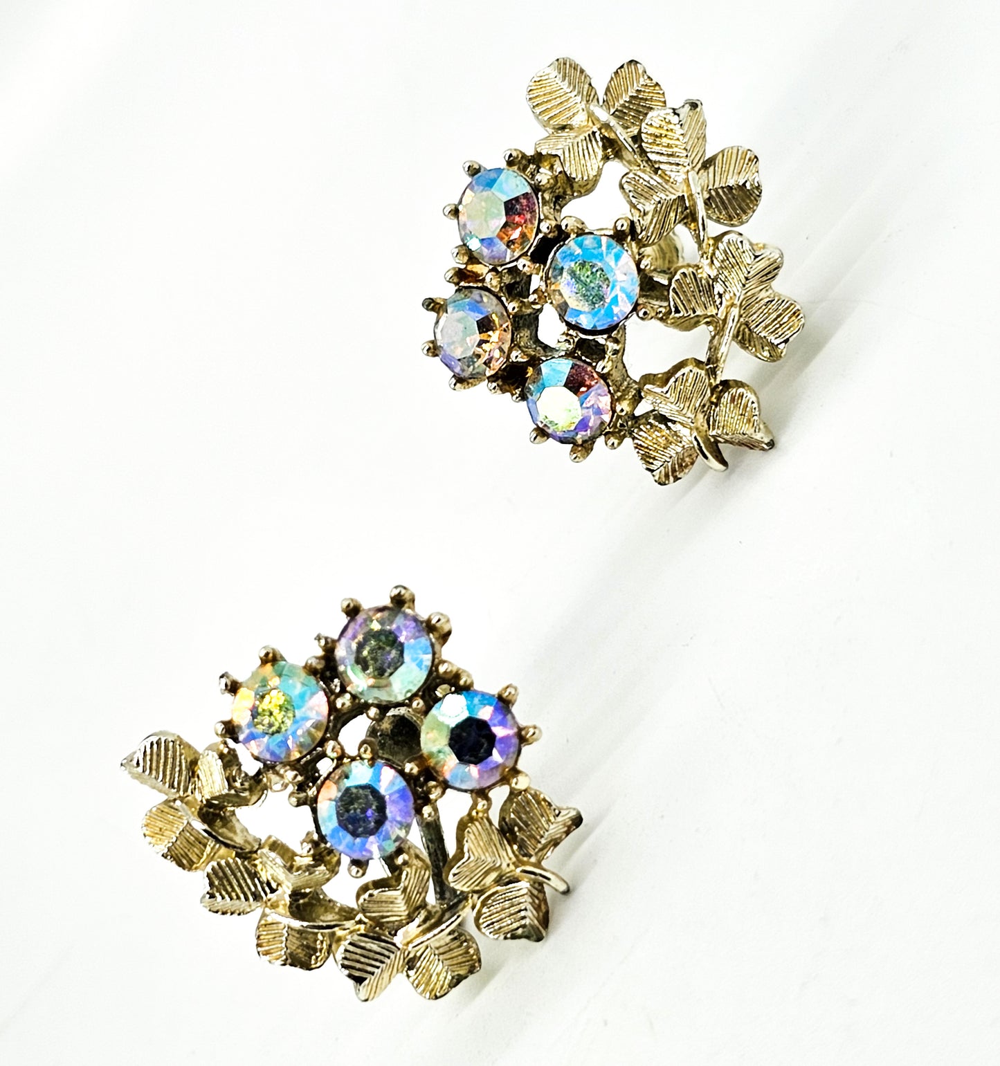 Coro clover blue Aurora Borealis gold toned vintage signed screw back earrings