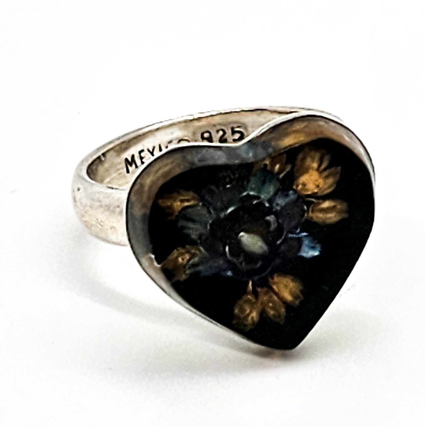Mexican Dried Flower resin blue flower Heart sterling silver ring size 7 and 1/2