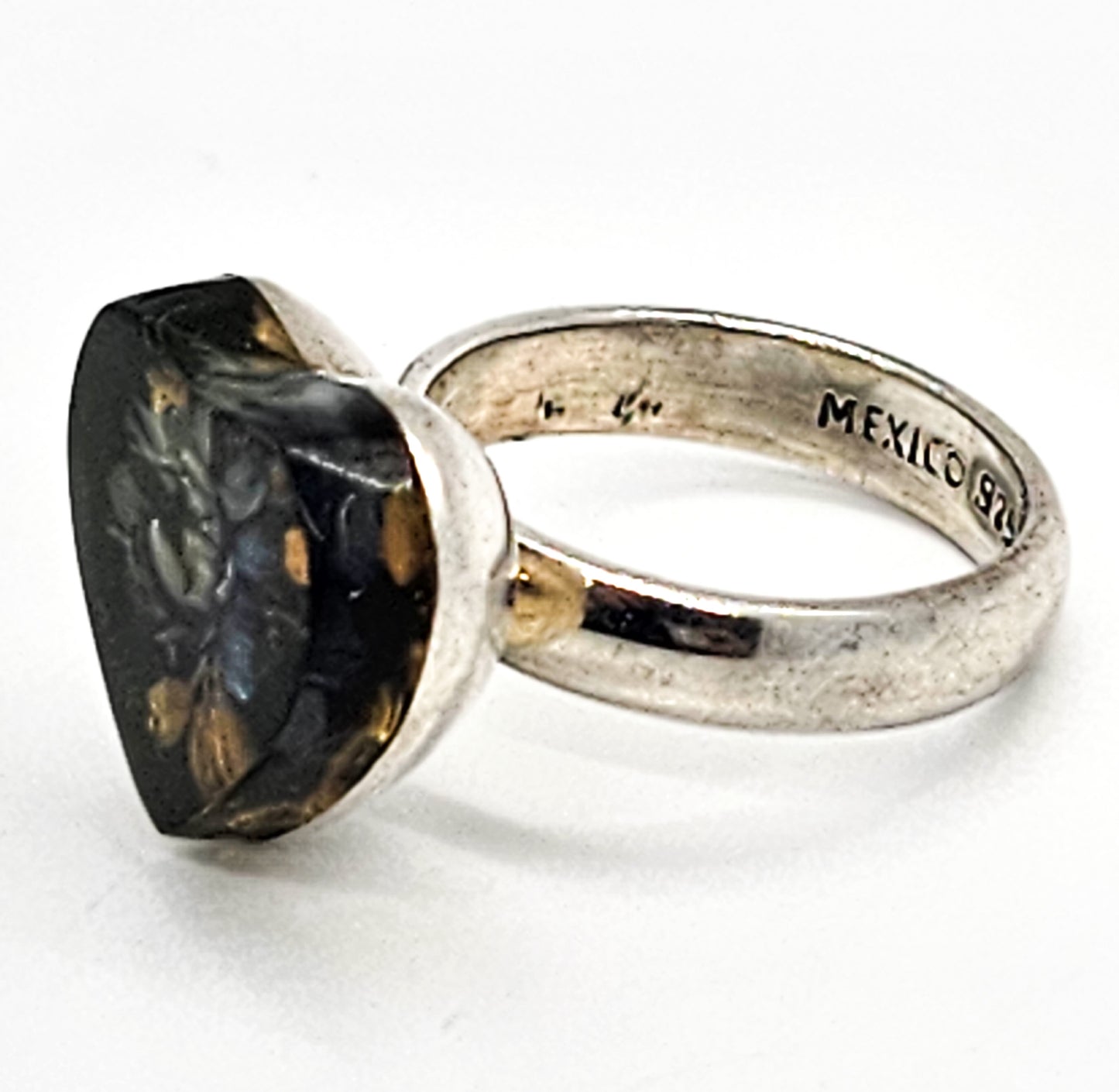 Mexican Dried Flower resin blue flower Heart sterling silver ring size 7 and 1/2
