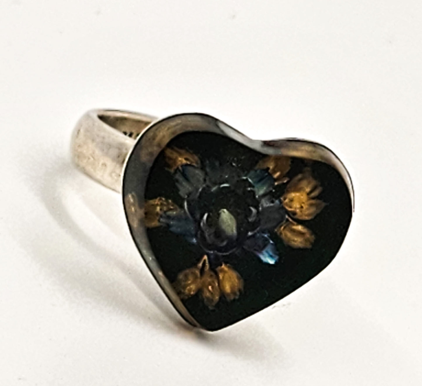 Mexican Dried Flower resin blue flower Heart sterling silver ring size 7 and 1/2