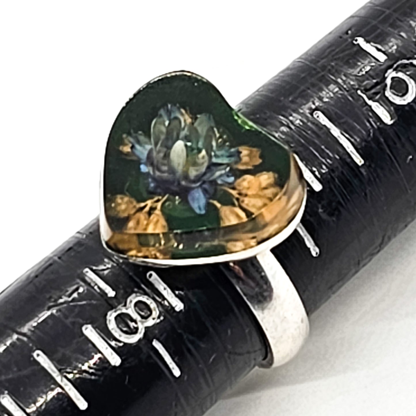 Mexican Dried Flower resin blue flower Heart sterling silver ring size 7 and 1/2