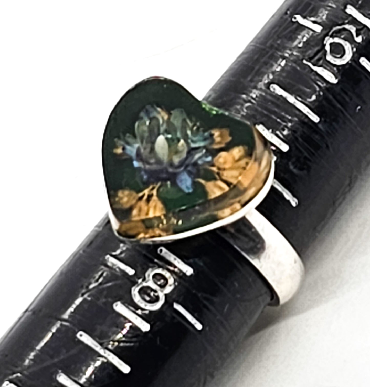 Mexican Dried Flower resin blue flower Heart sterling silver ring size 7 and 1/2