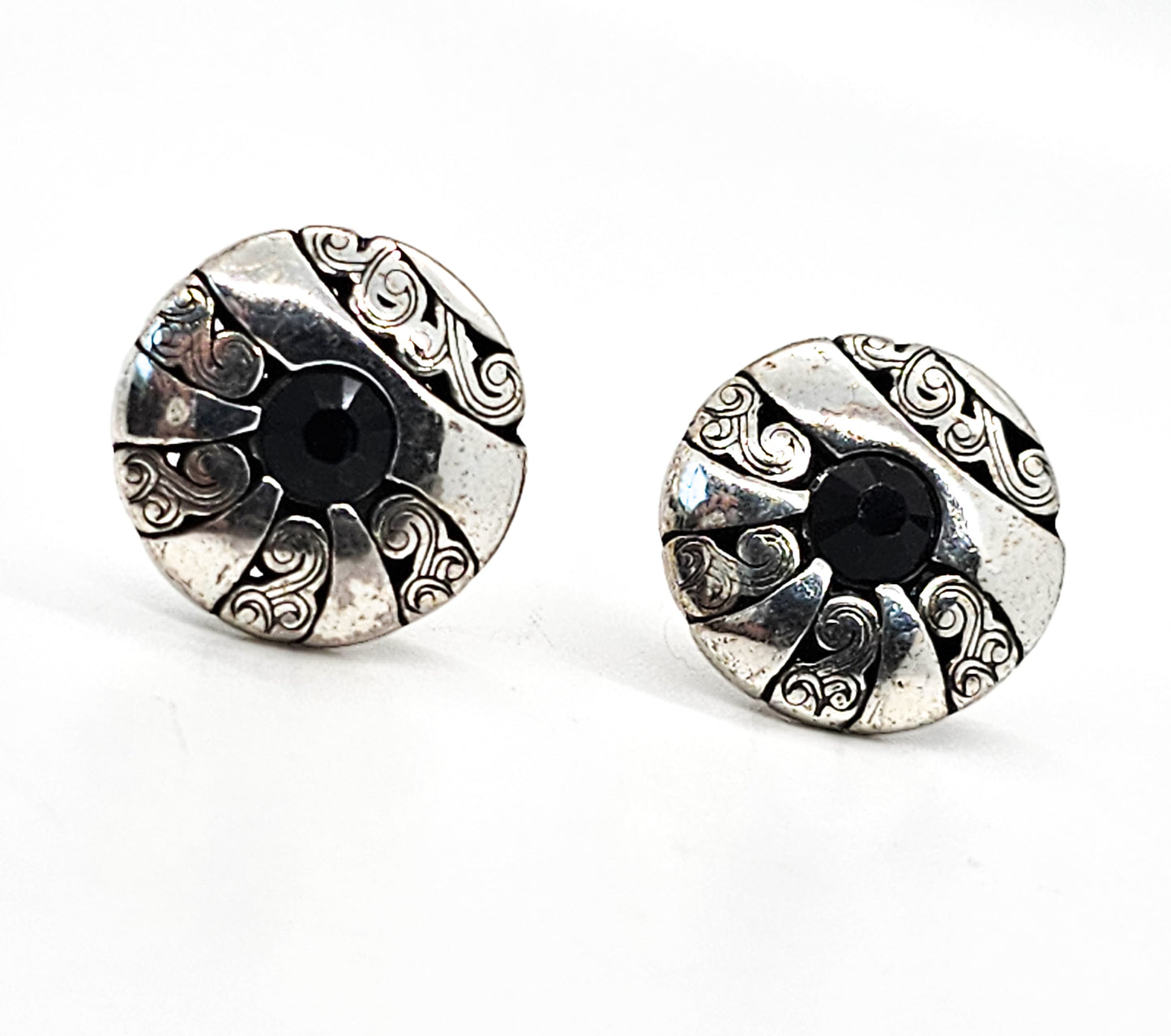 Black and silver tribal cartouche donut with black paste sterling silver stud earrings