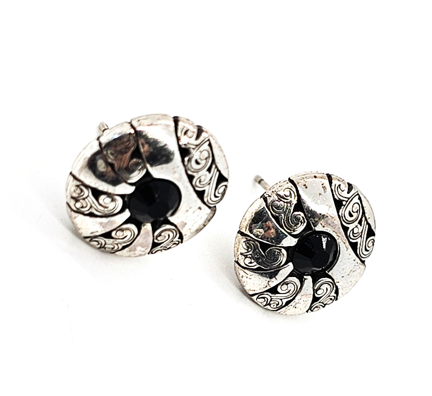 Black and silver tribal cartouche donut with black paste sterling silver stud earrings