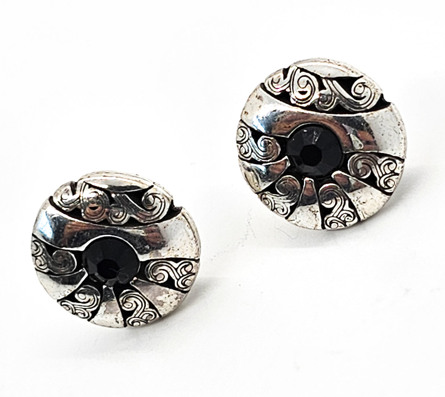 Black and silver tribal cartouche donut with black paste sterling silver stud earrings