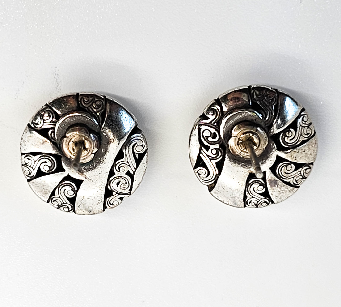 Black and silver tribal cartouche donut with black paste sterling silver stud earrings