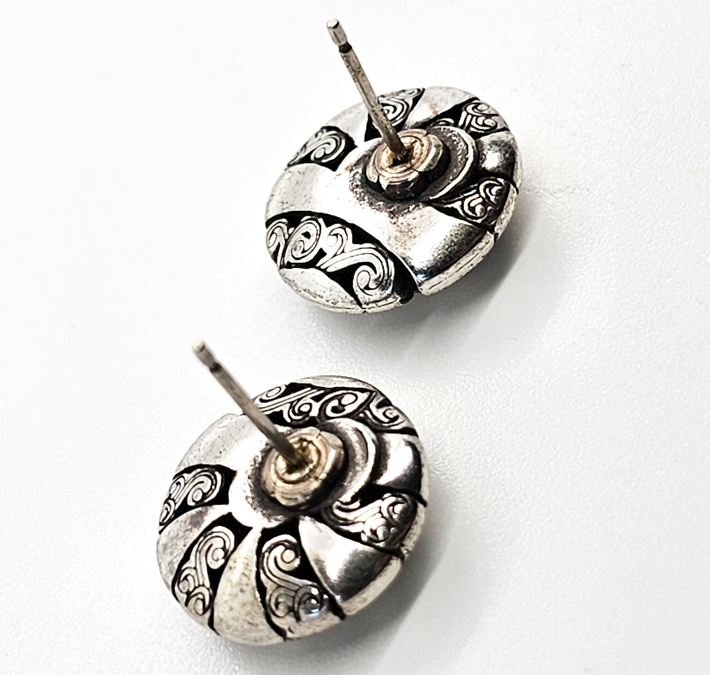 Black and silver tribal cartouche donut with black paste sterling silver stud earrings