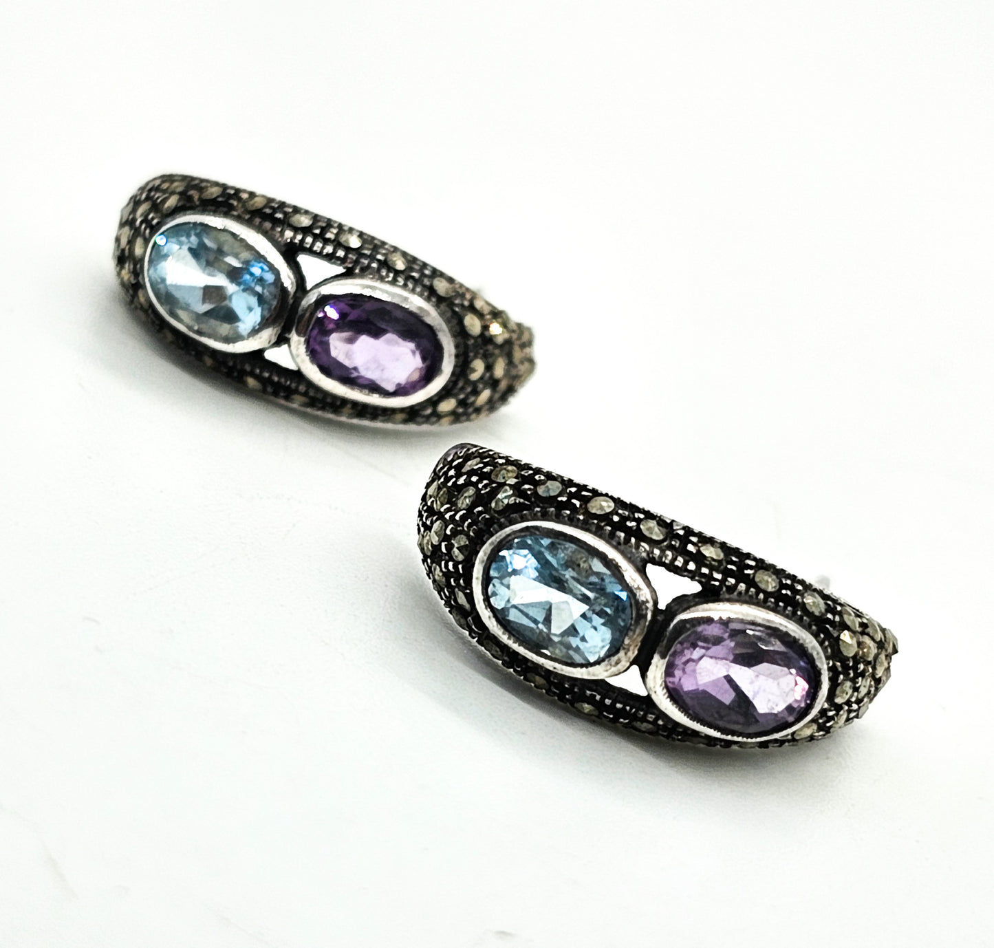 Purple Amethyst and Blue Topaz Marcasite vintage sterling silver hoop earrings