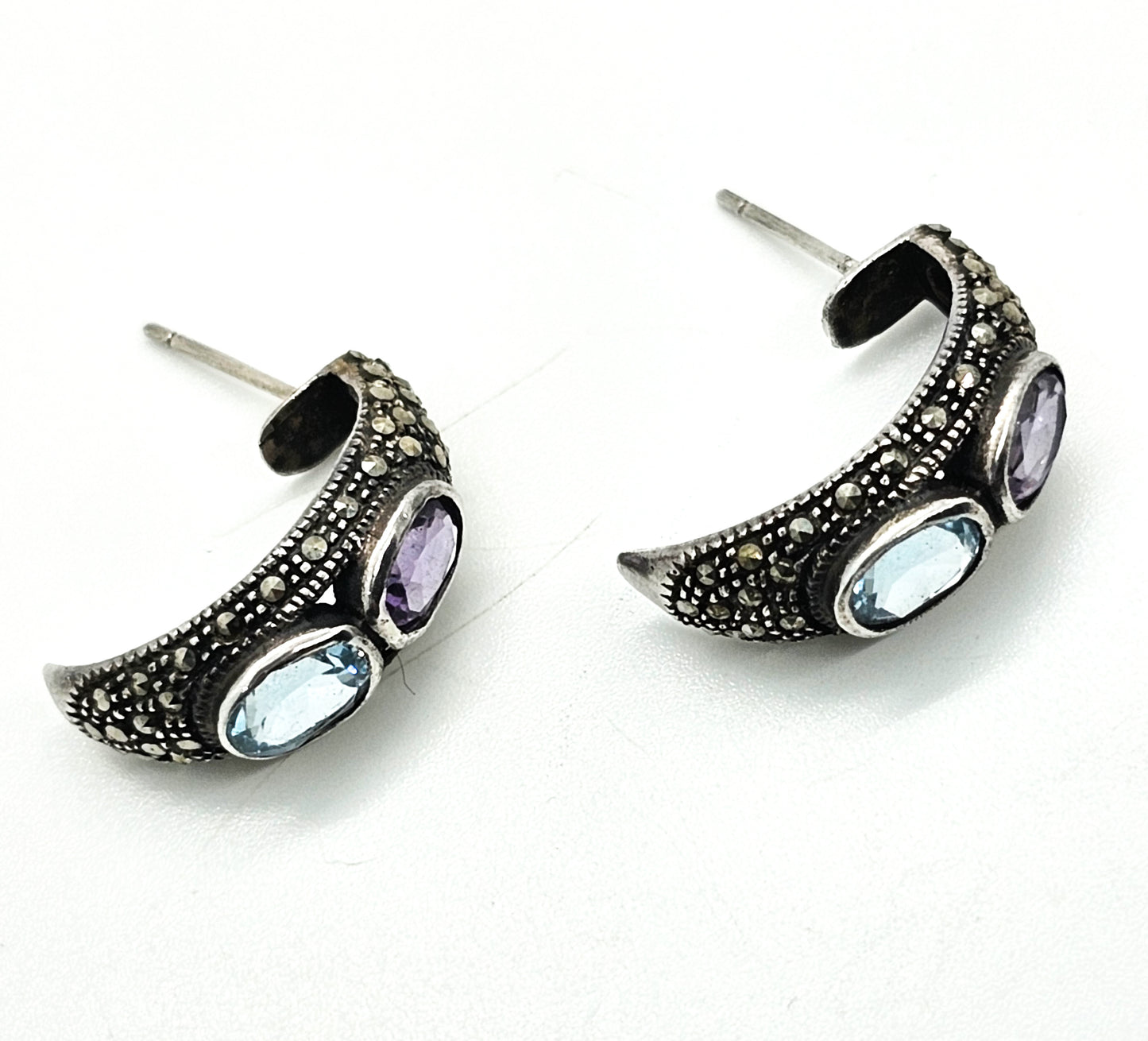 Purple Amethyst and Blue Topaz Marcasite vintage sterling silver hoop earrings