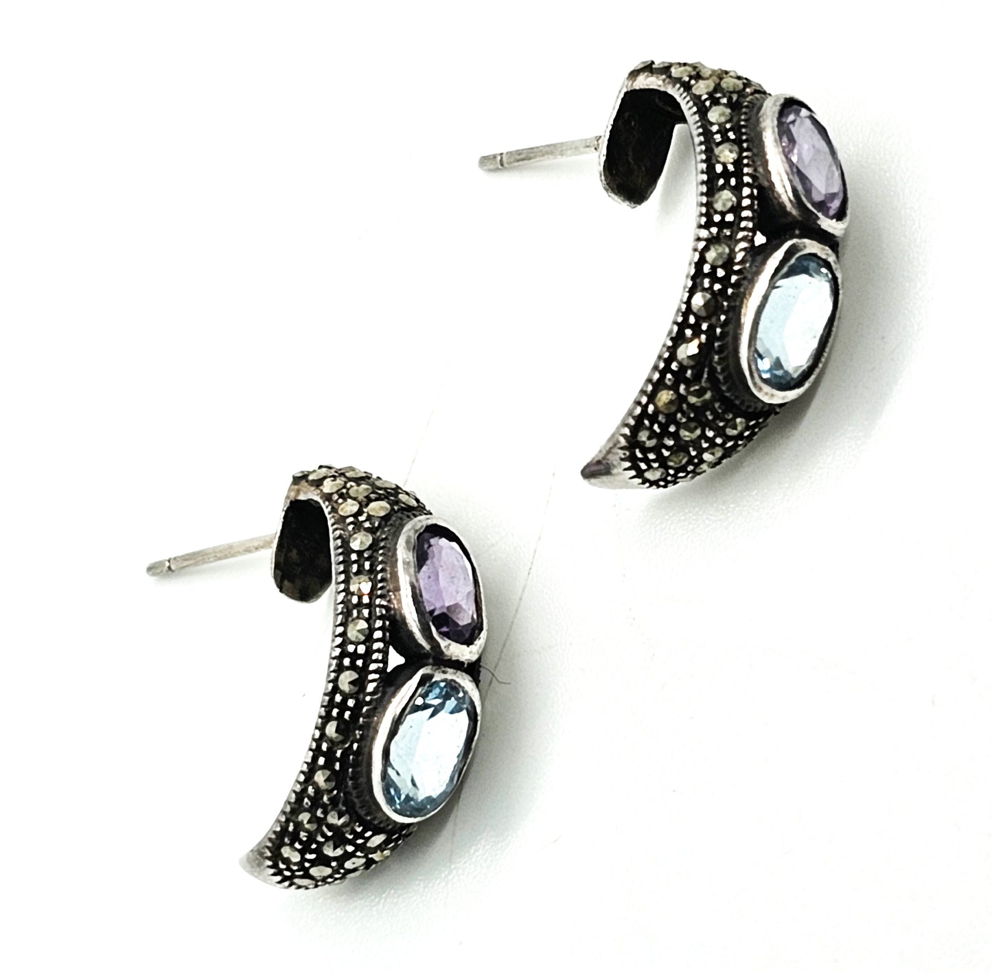 Purple Amethyst and Blue Topaz Marcasite vintage sterling silver hoop earrings