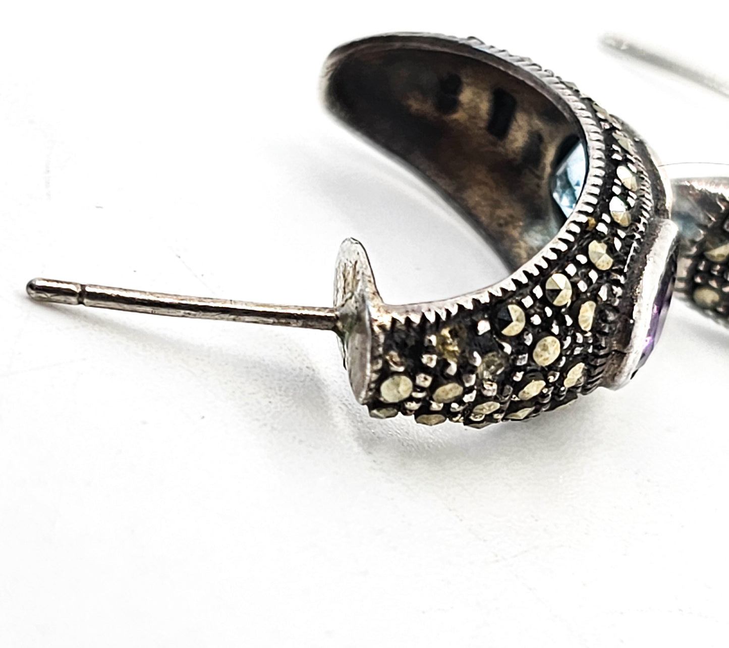 Purple Amethyst and Blue Topaz Marcasite vintage sterling silver hoop earrings