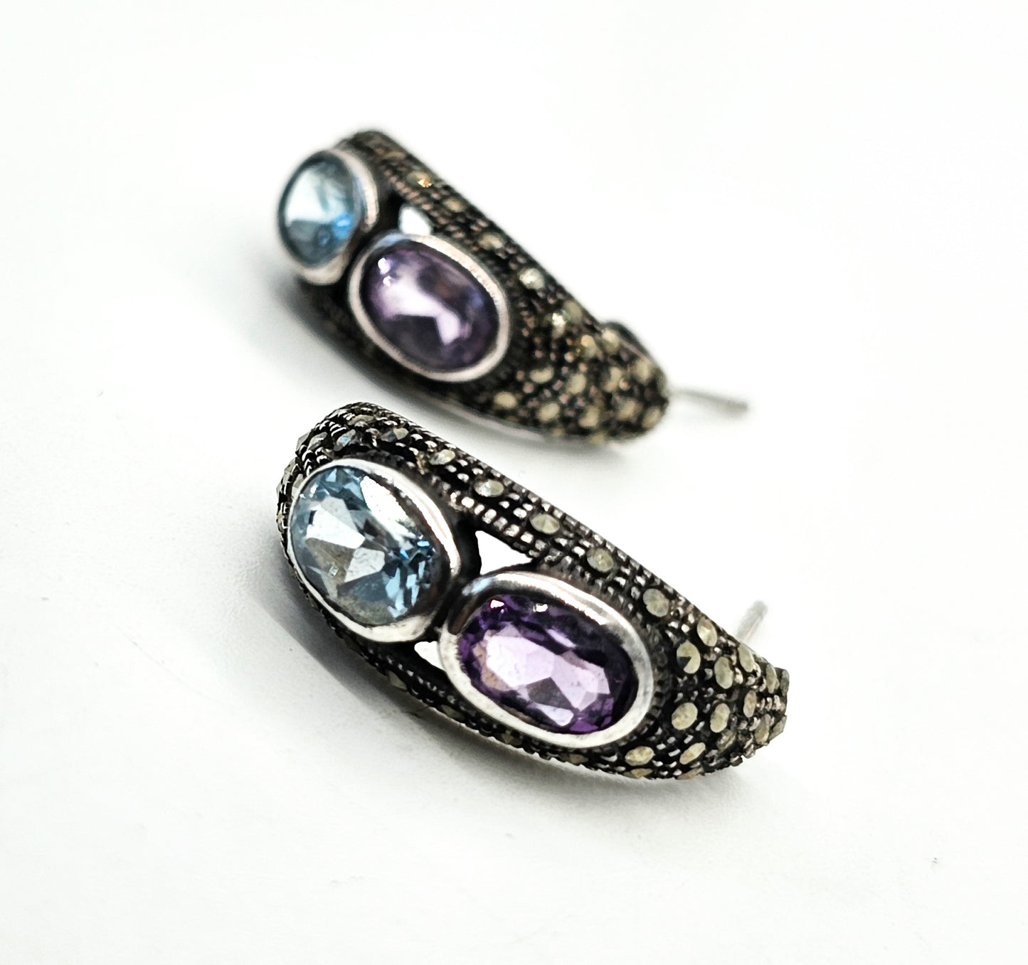 Purple Amethyst and Blue Topaz Marcasite vintage sterling silver hoop earrings