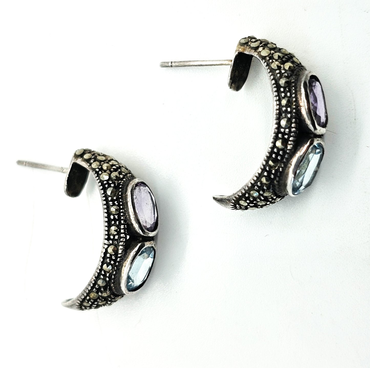Purple Amethyst and Blue Topaz Marcasite vintage sterling silver hoop earrings