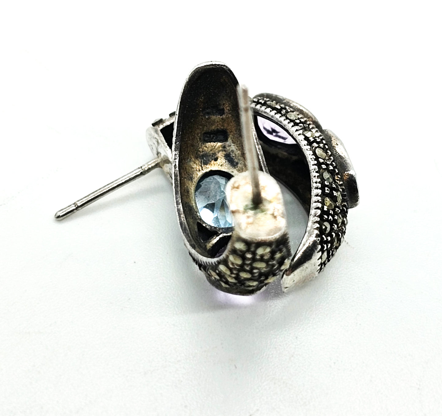 Purple Amethyst and Blue Topaz Marcasite vintage sterling silver hoop earrings