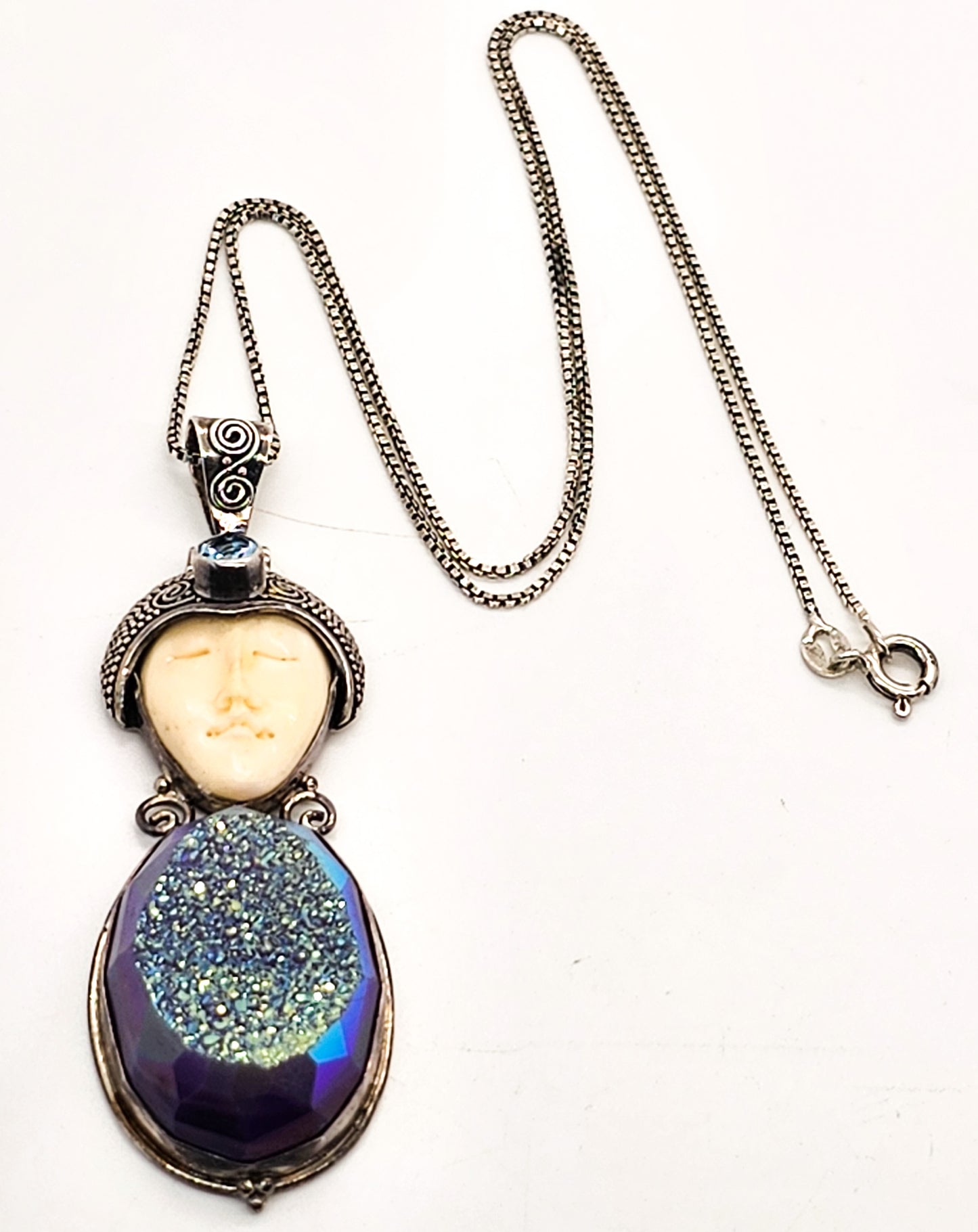 Balinese Goddess natural carved Purple Druzy blue topaz sterling silver necklace
