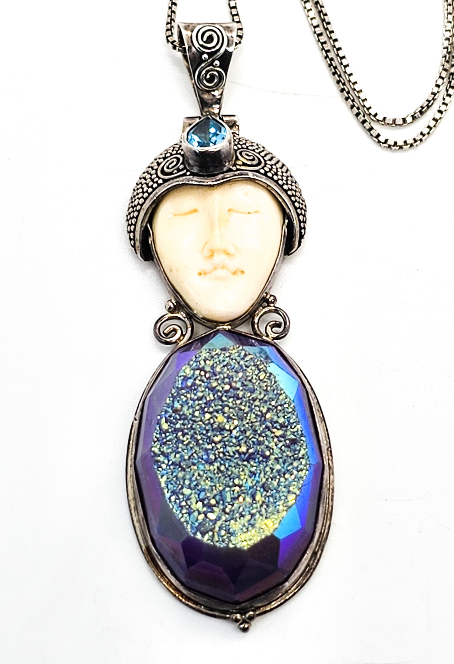 Balinese Goddess natural carved Purple Druzy blue topaz sterling silver necklace