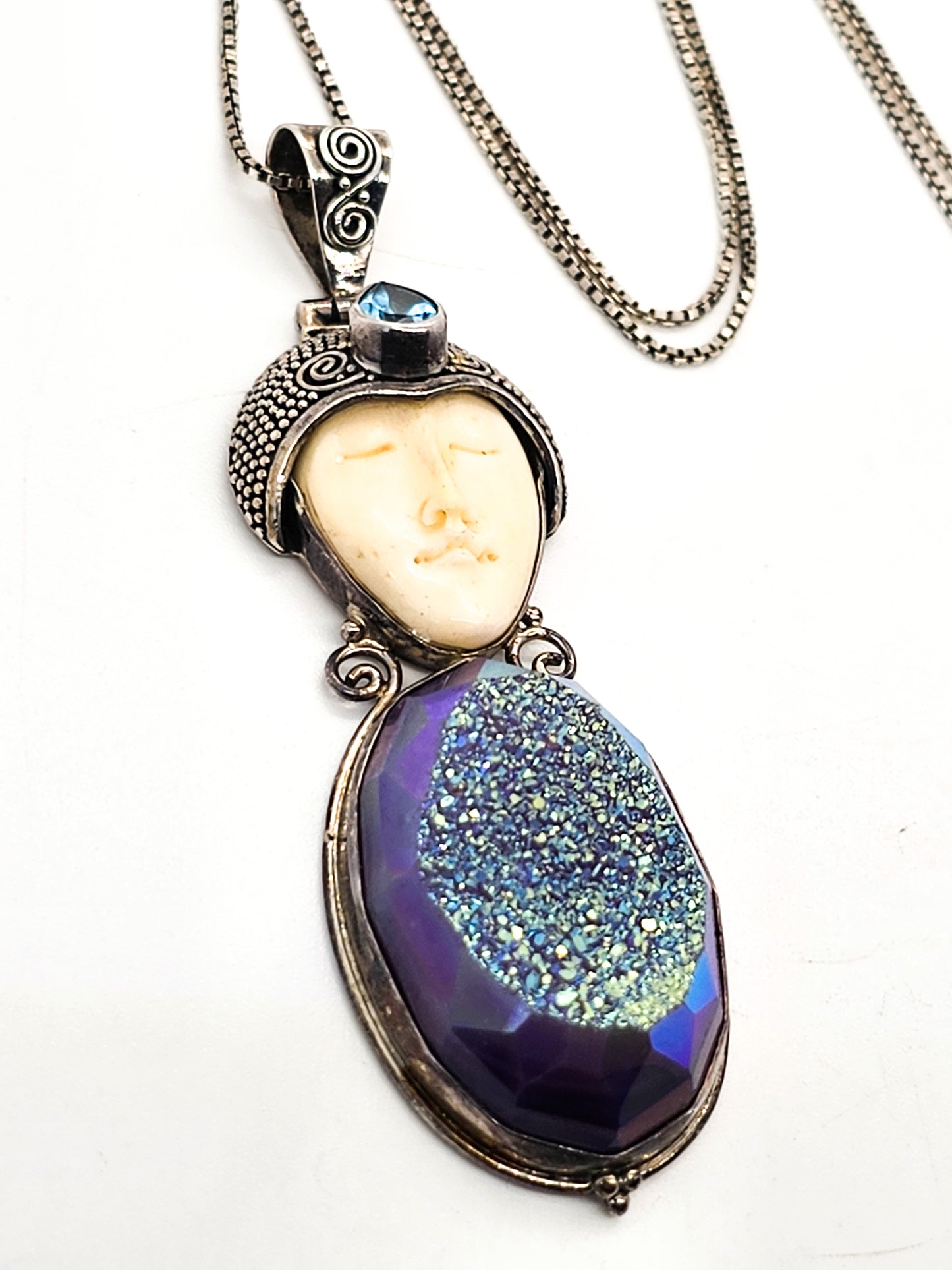 Balinese Goddess natural carved Purple Druzy blue topaz sterling silver necklace