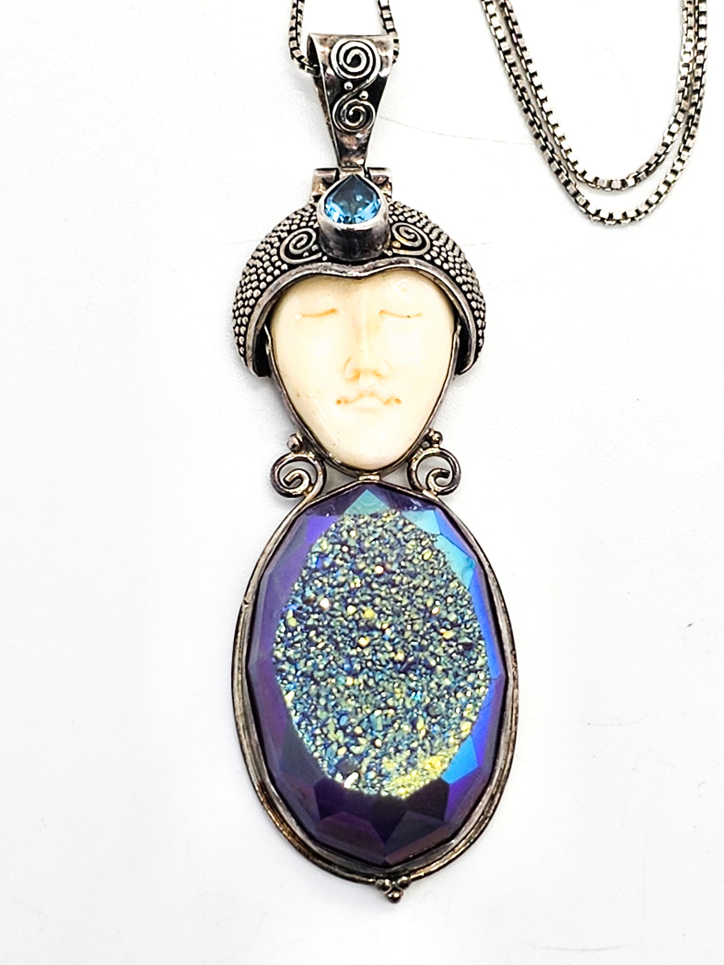 Balinese Goddess natural carved Purple Druzy blue topaz sterling silver necklace
