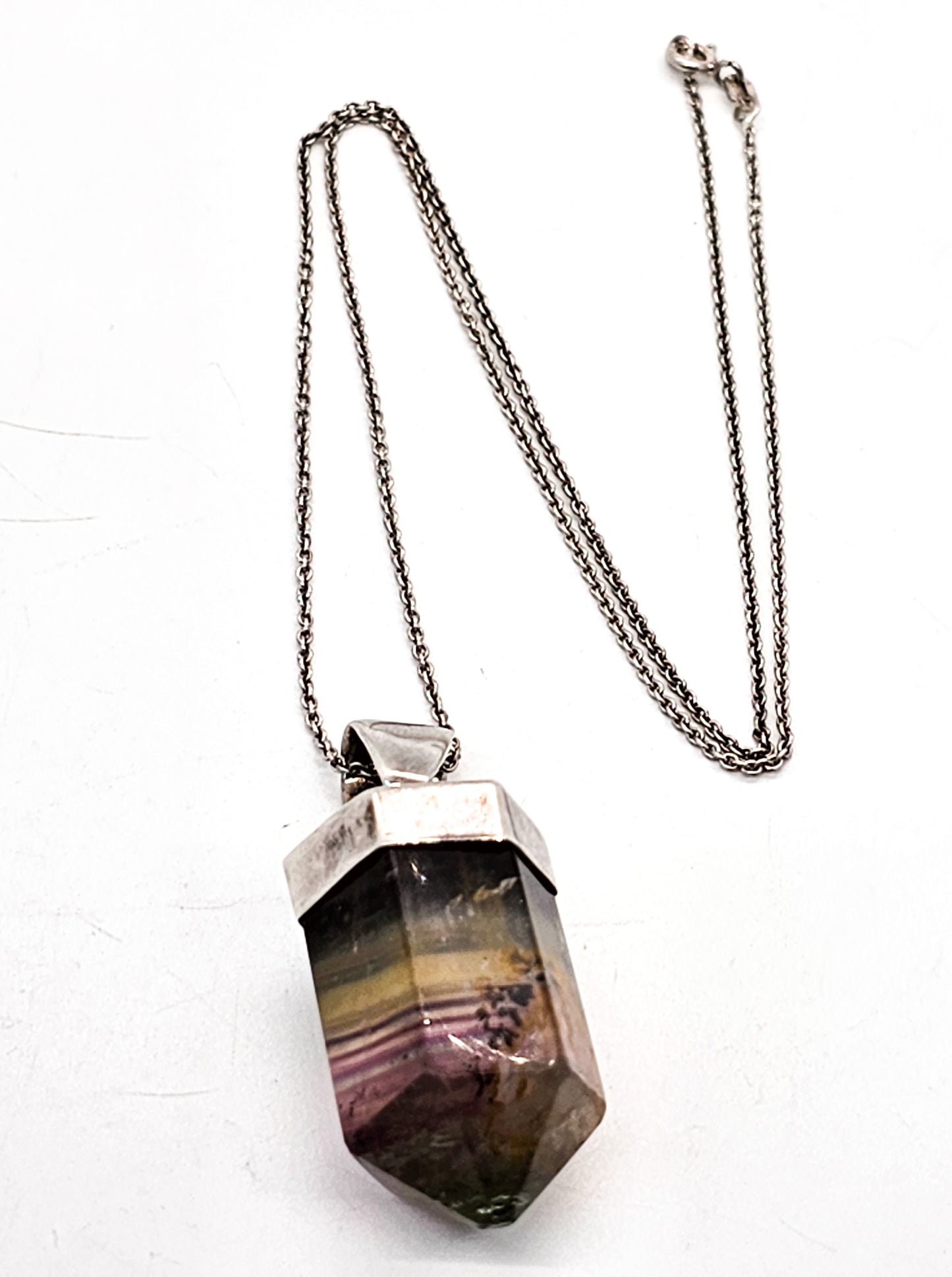 Avalon Banded Fluorite large terminated gemstone sterling silver vintage necklace