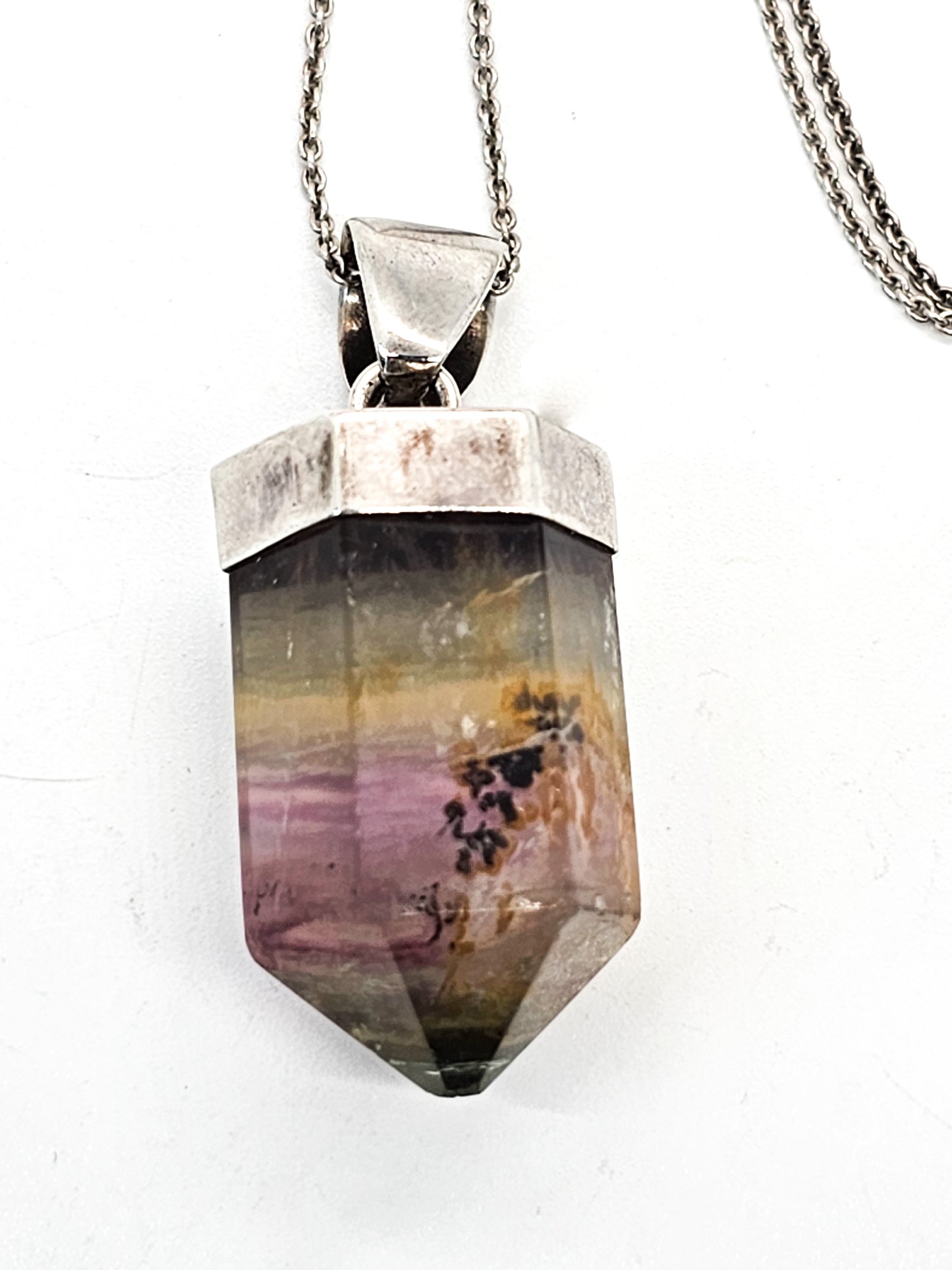 Avalon Banded Fluorite large terminated gemstone sterling silver vintage necklace