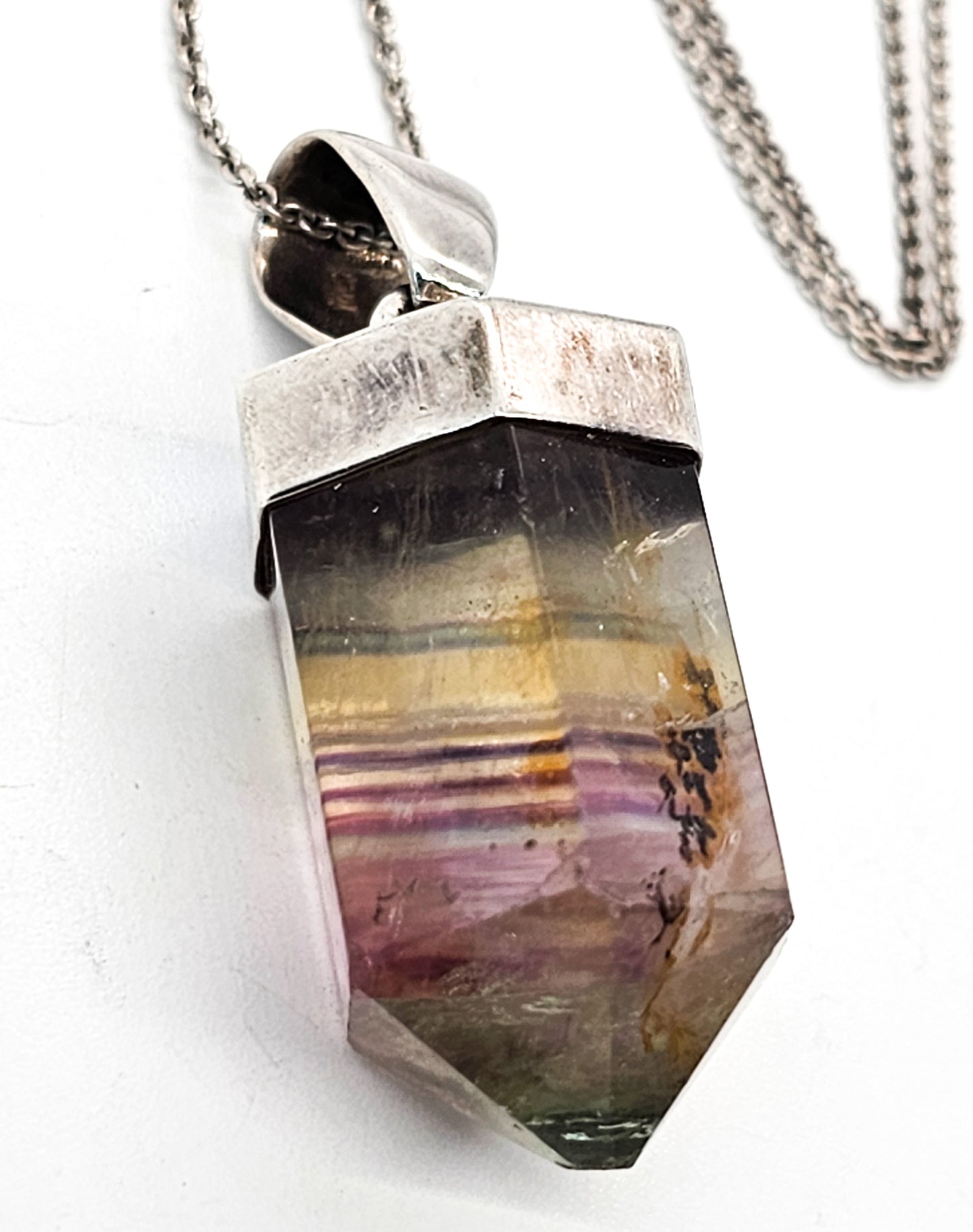 Avalon Banded Fluorite large terminated gemstone sterling silver vintage necklace