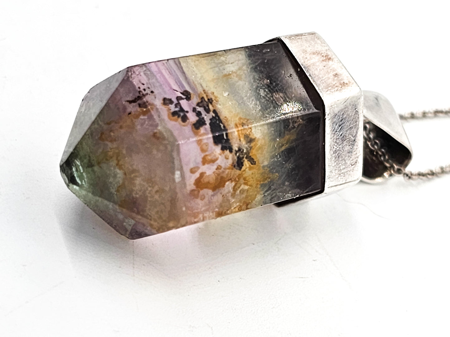 Avalon Banded Fluorite large terminated gemstone sterling silver vintage necklace