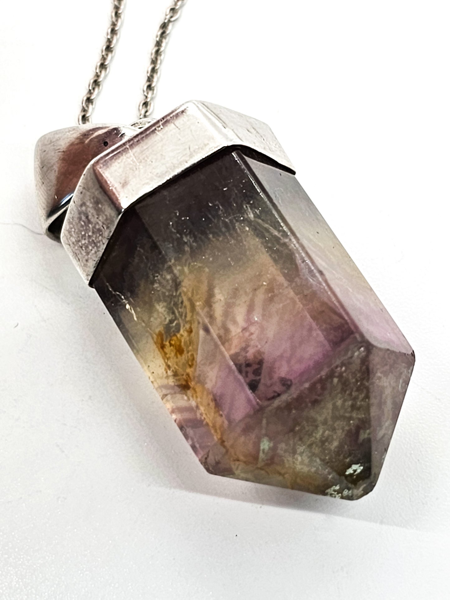 Avalon Banded Fluorite large terminated gemstone sterling silver vintage necklace