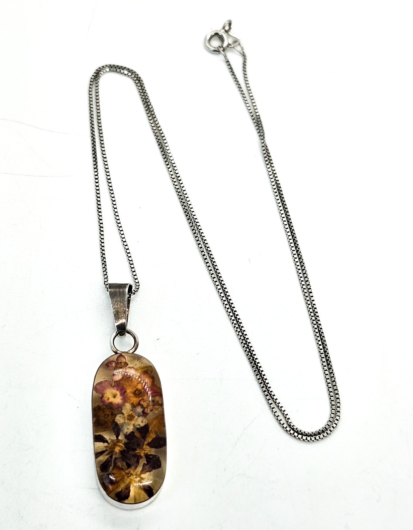 Dried flowers in Resin sterling silver open work window pendant necklace