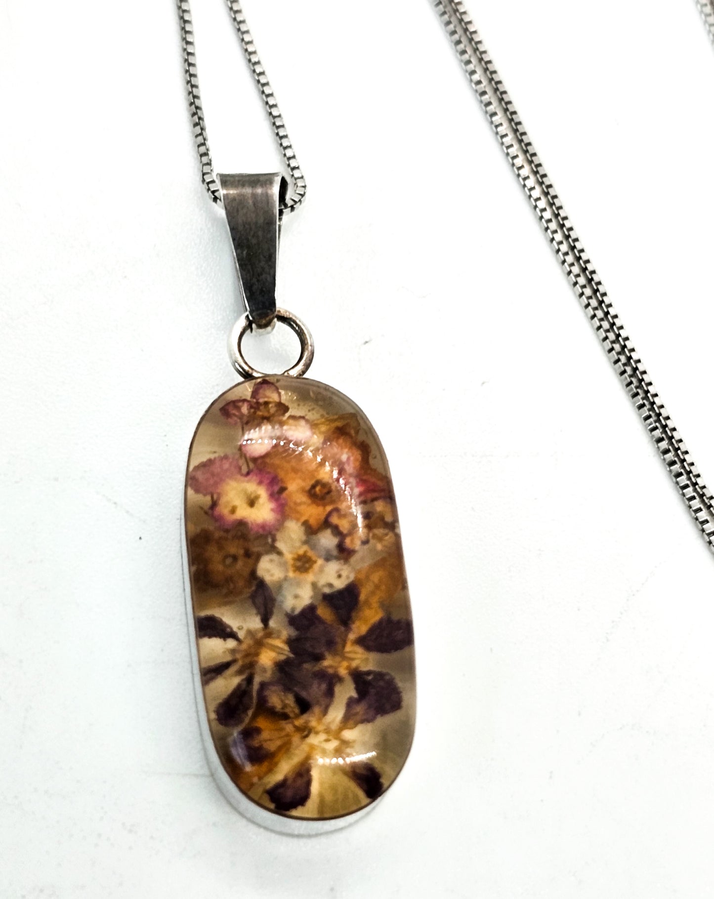 Dried flowers in Resin sterling silver open work window pendant necklace