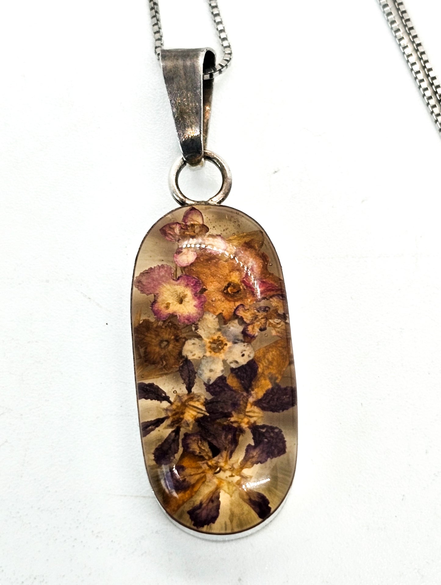 Dried flowers in Resin sterling silver open work window pendant necklace