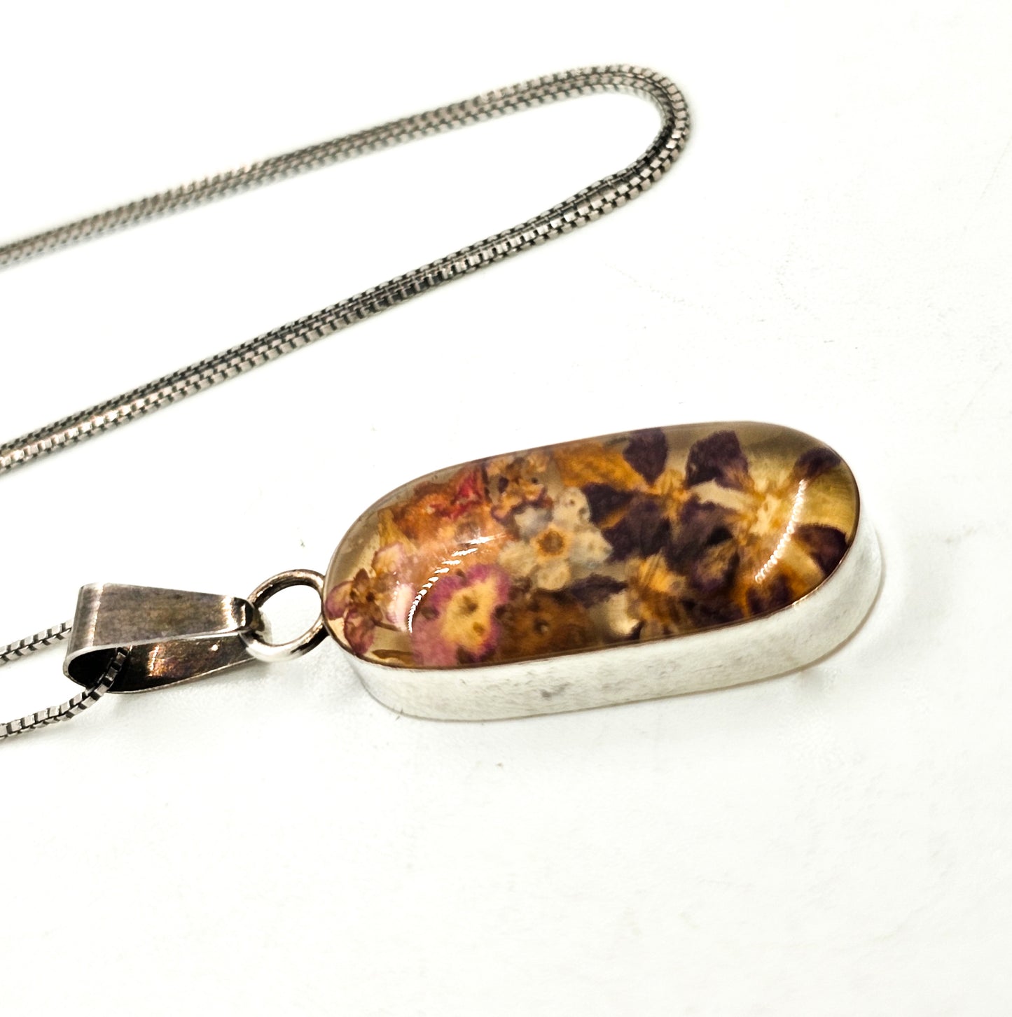 Dried flowers in Resin sterling silver open work window pendant necklace