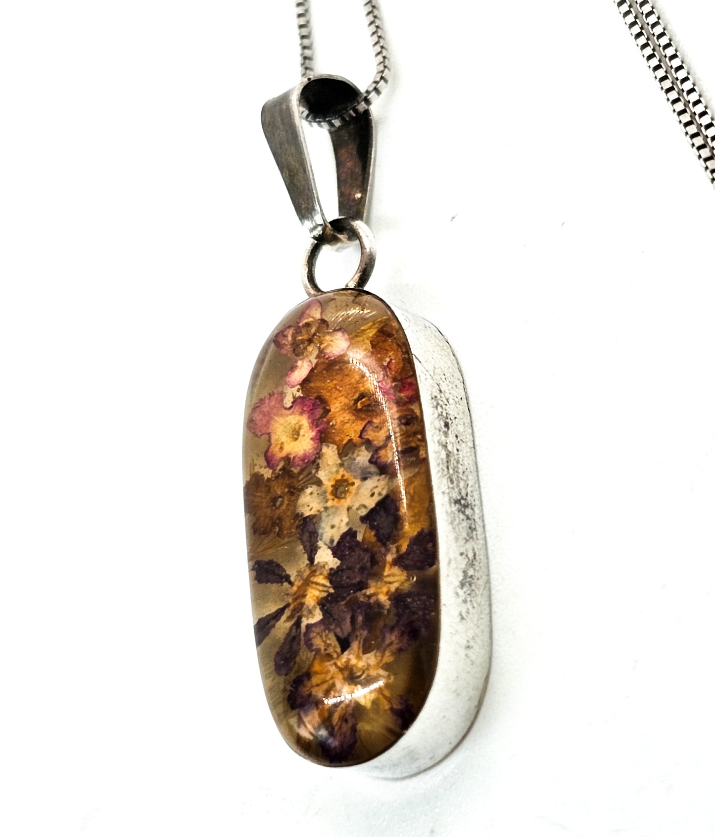 Dried flowers in Resin sterling silver open work window pendant necklace