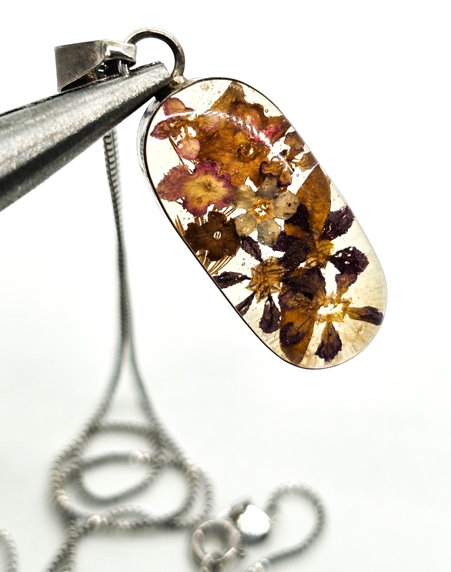 Dried flowers in Resin sterling silver open work window pendant necklace