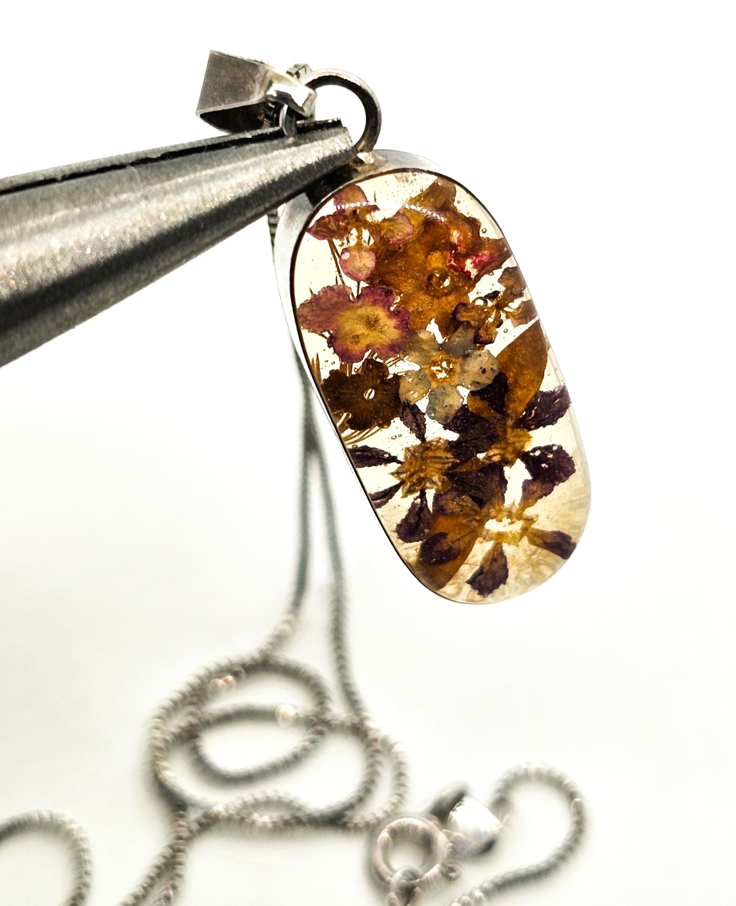 Dried flowers in Resin sterling silver open work window pendant necklace