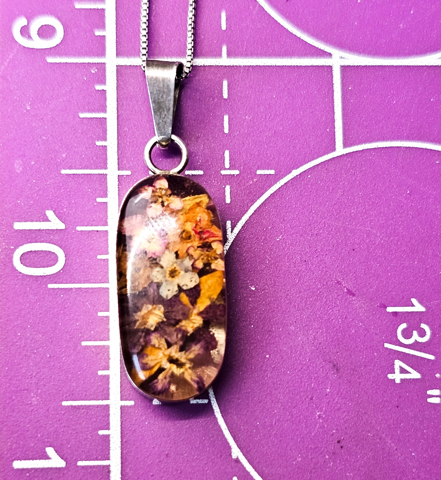 Dried flowers in Resin sterling silver open work window pendant necklace