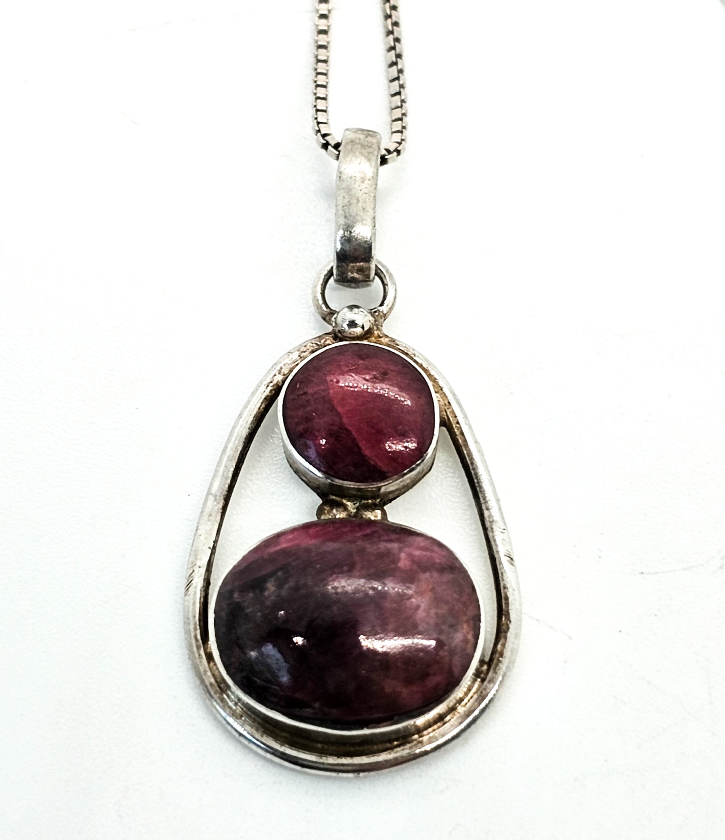 Natural Ruby Red gemstone Two stone open work sterling silver pendant necklace