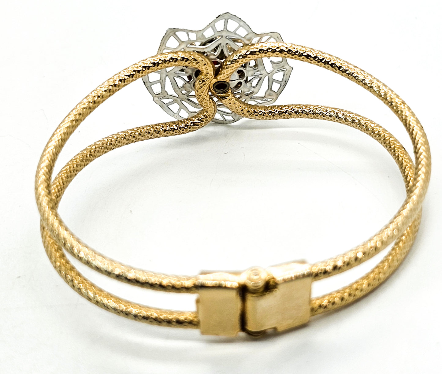 Open work Red and white flower vintage gold toned clamper bracelet