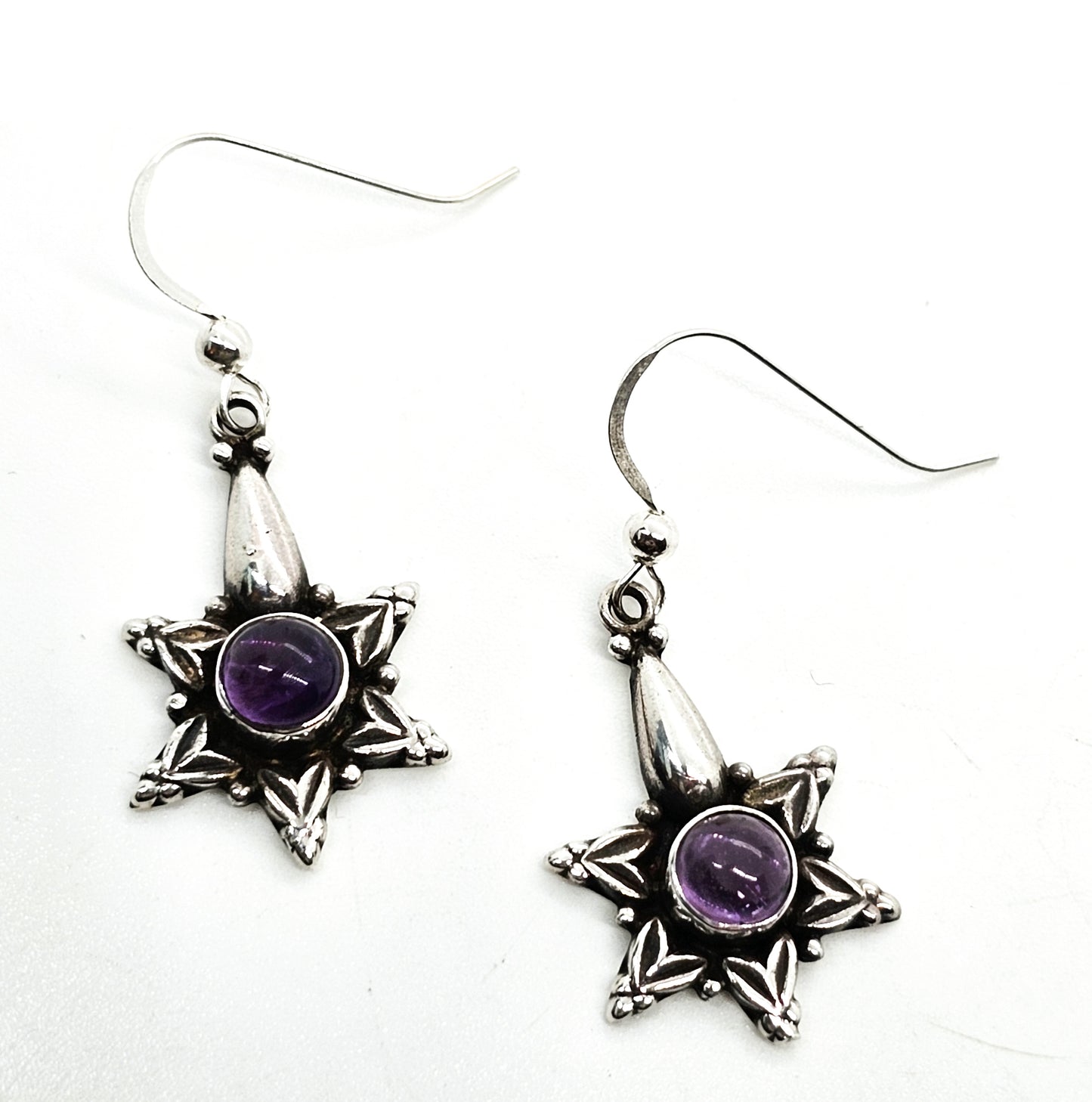 Tribal star purple amethyst gemstone Bali Balinese sterling silver earrings