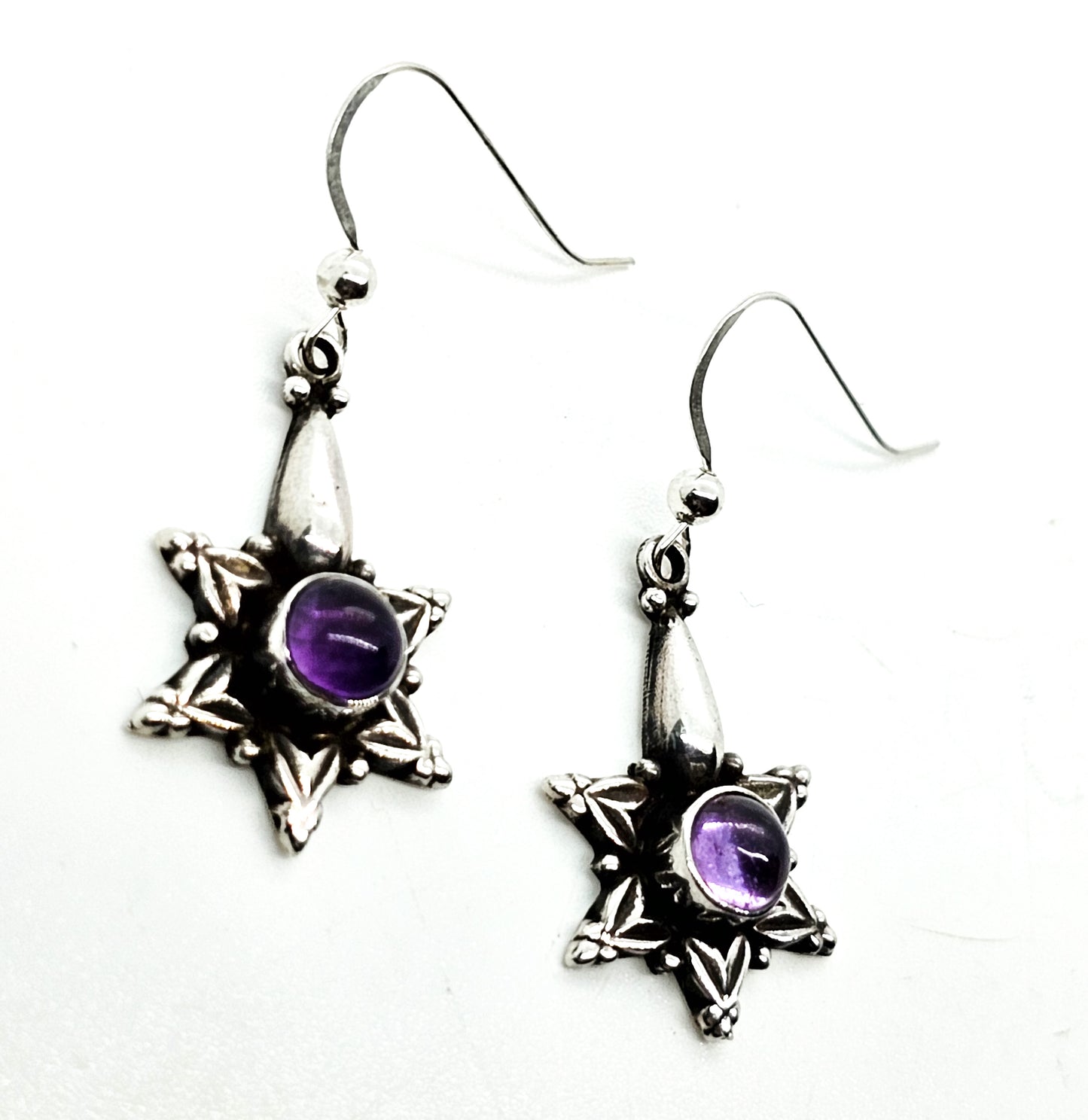 Tribal star purple amethyst gemstone Bali Balinese sterling silver earrings