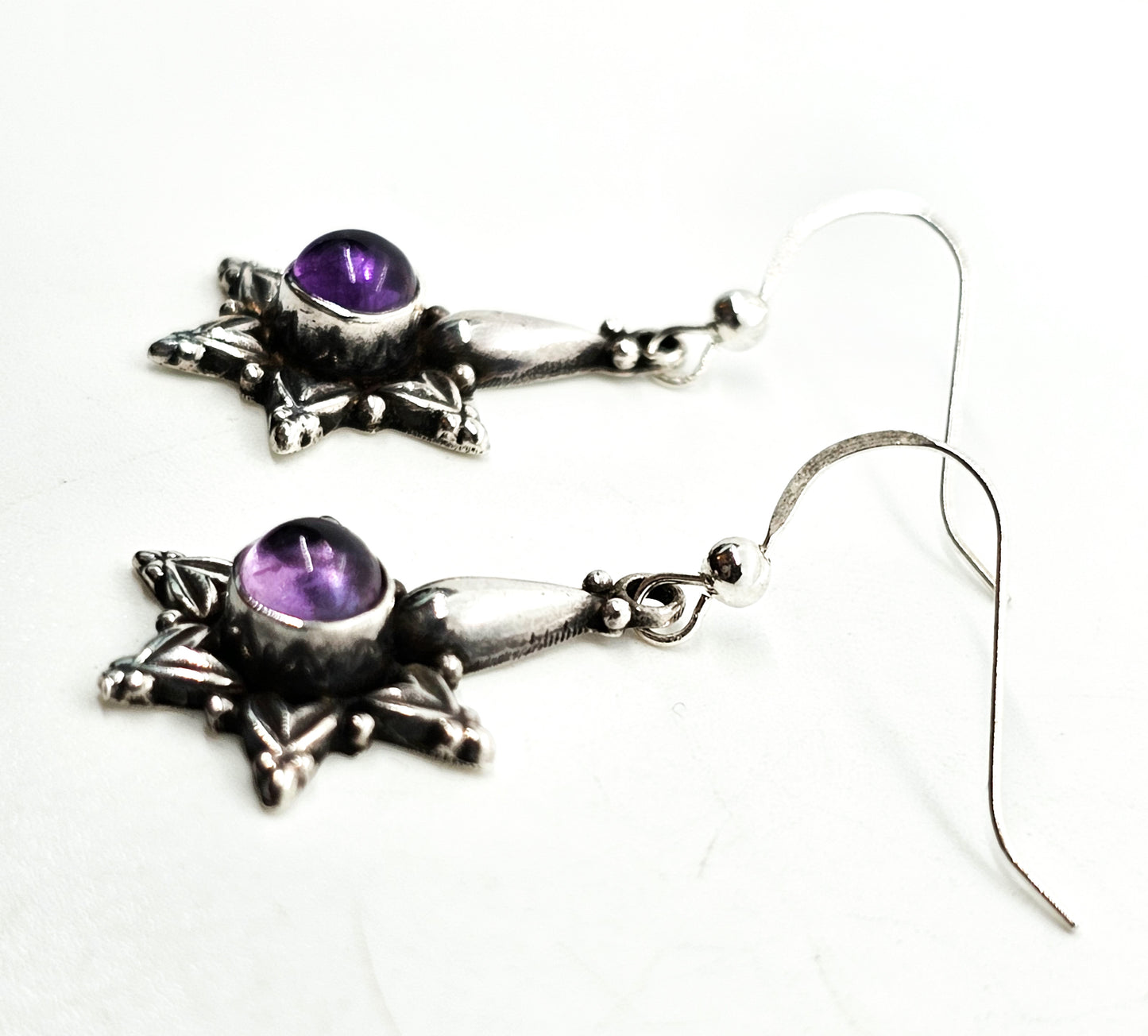 Tribal star purple amethyst gemstone Bali Balinese sterling silver earrings