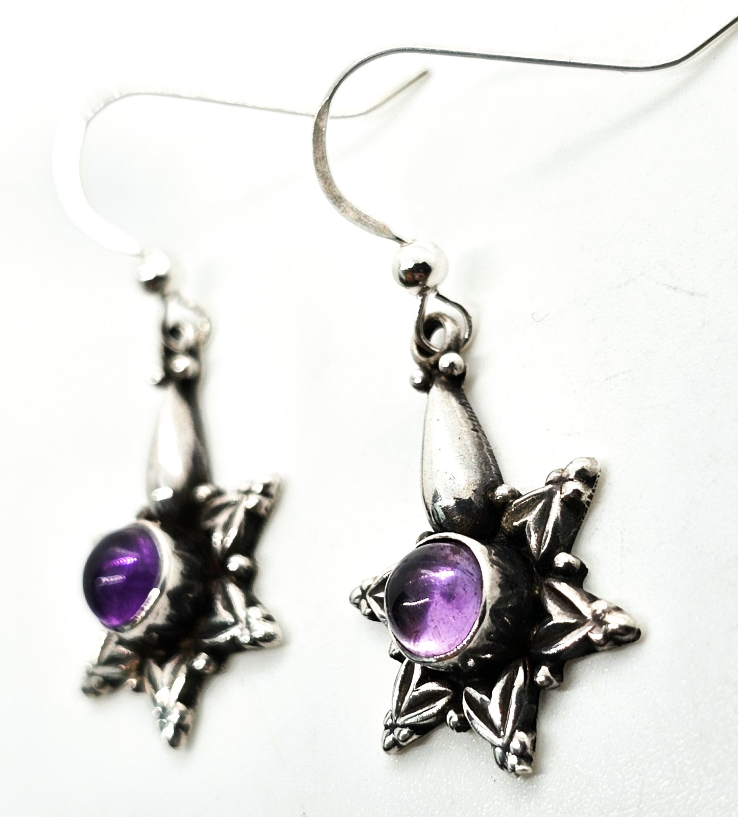 Tribal star purple amethyst gemstone Bali Balinese sterling silver earrings