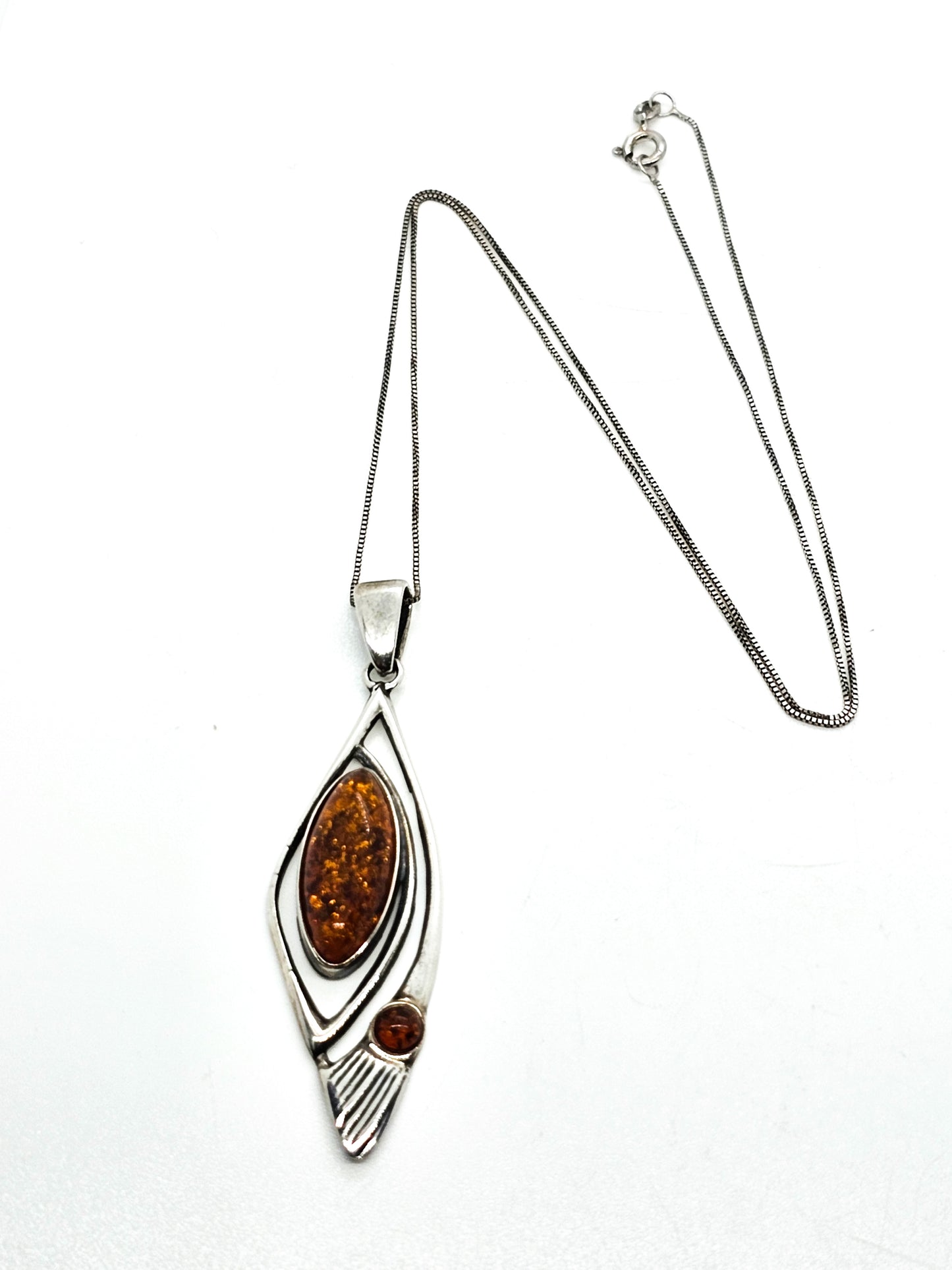 Polish Orange Amber abstract sterling silver vintage pendant necklace