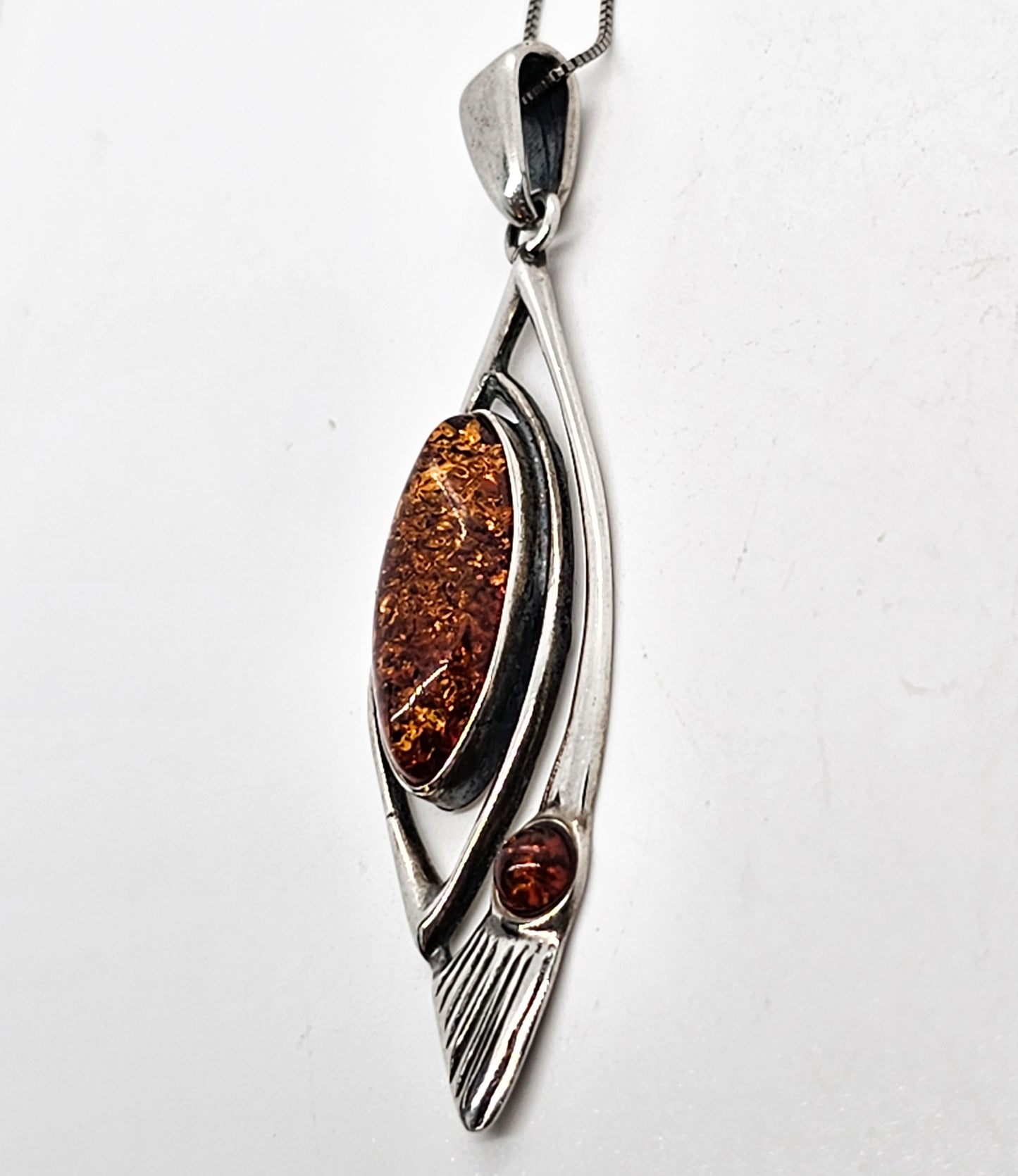 Polish Orange Amber abstract sterling silver vintage pendant necklace