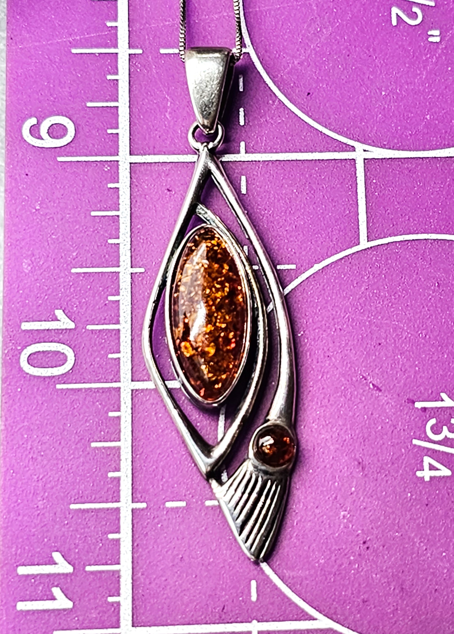 Polish Orange Amber abstract sterling silver vintage pendant necklace