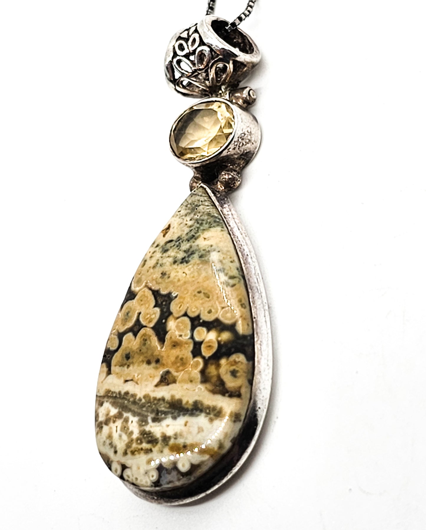 Ocean Jasper and citrine filigree and sterling silver vintage necklace