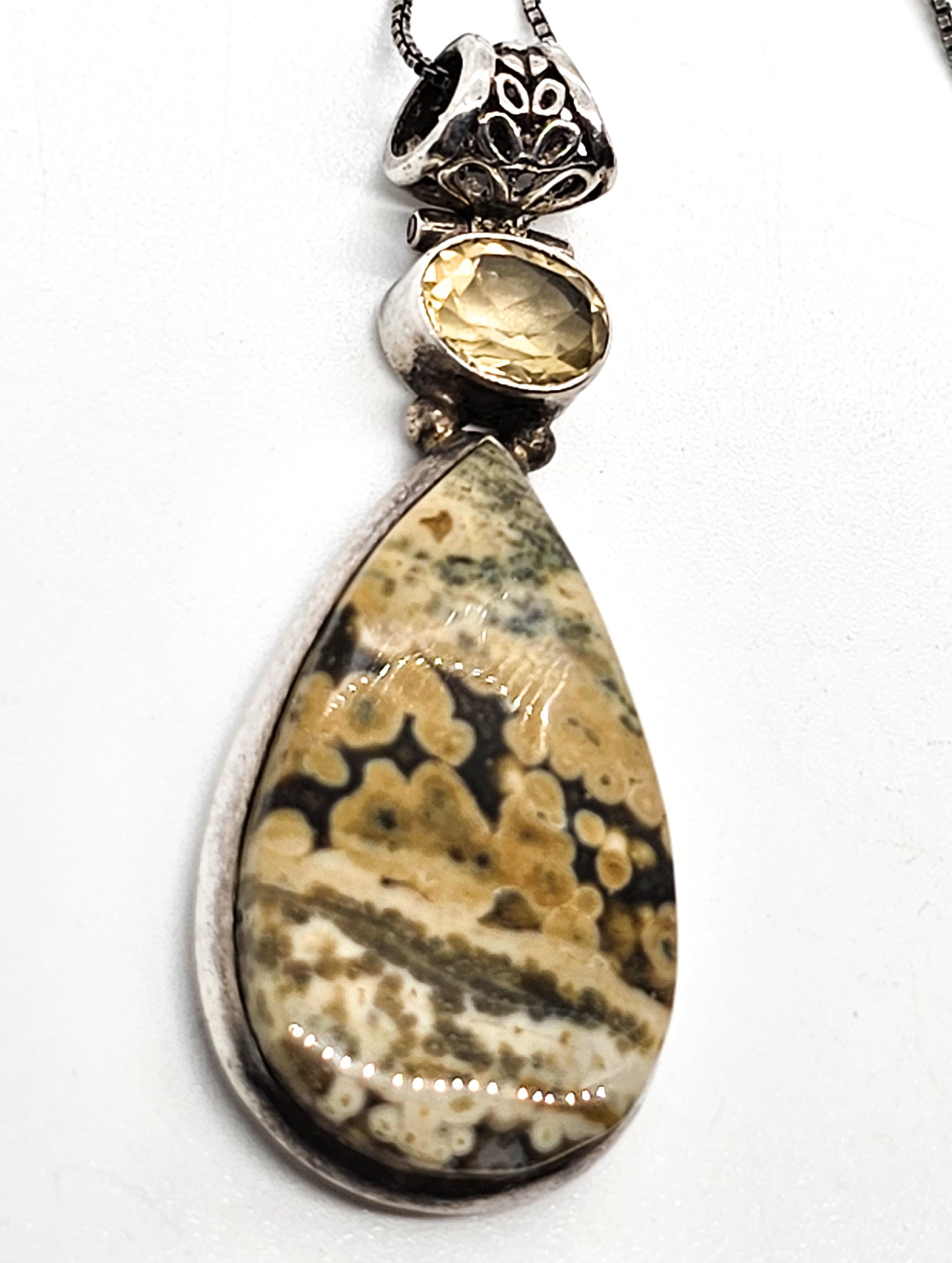Ocean Jasper and citrine filigree and sterling silver vintage necklace