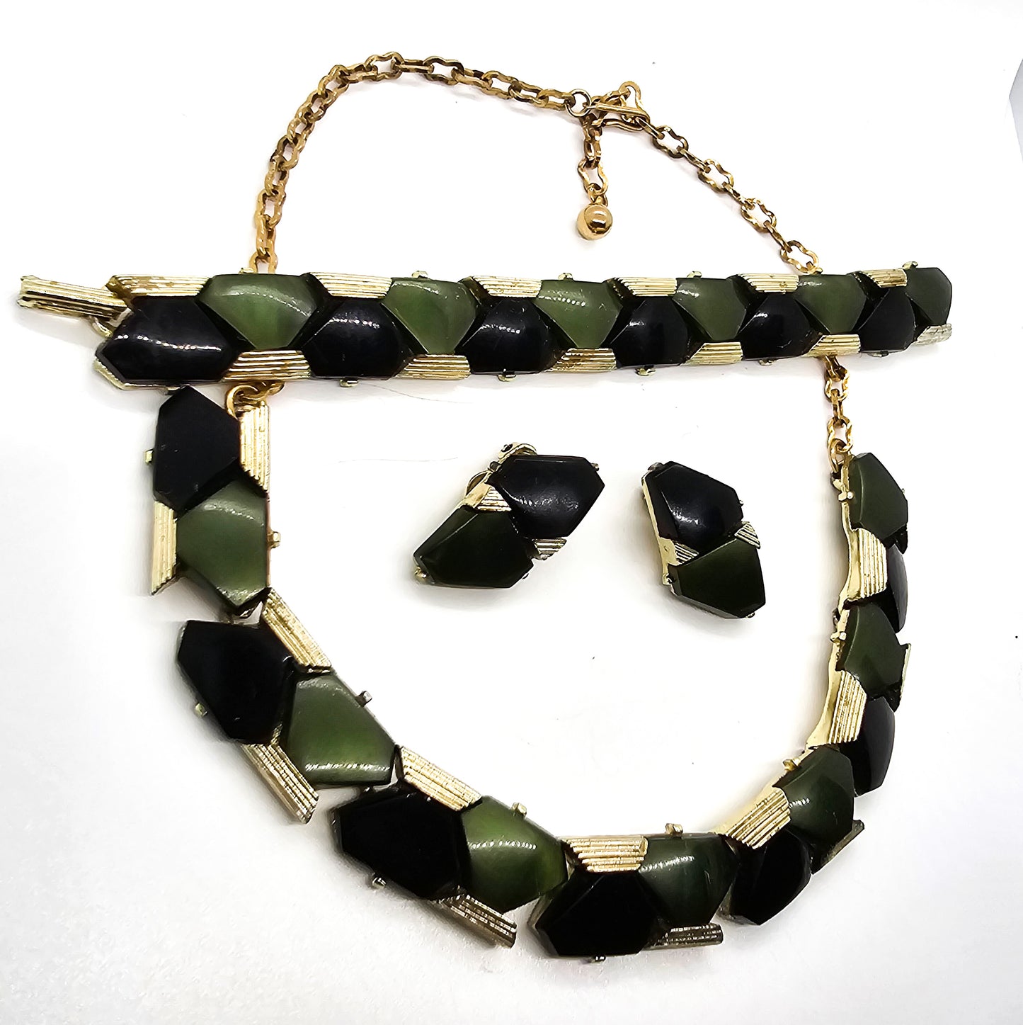 Black and green Lucite gold toned mid century vintage demi parure set